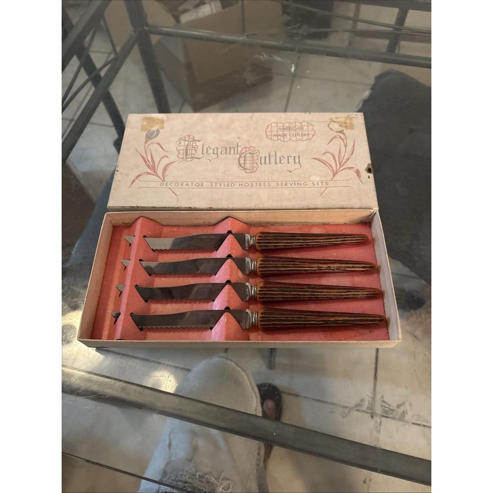 VTG Elegant Cutlery 4 Pc Serrated Steak Knife Set Faux Stag Handles Box USA